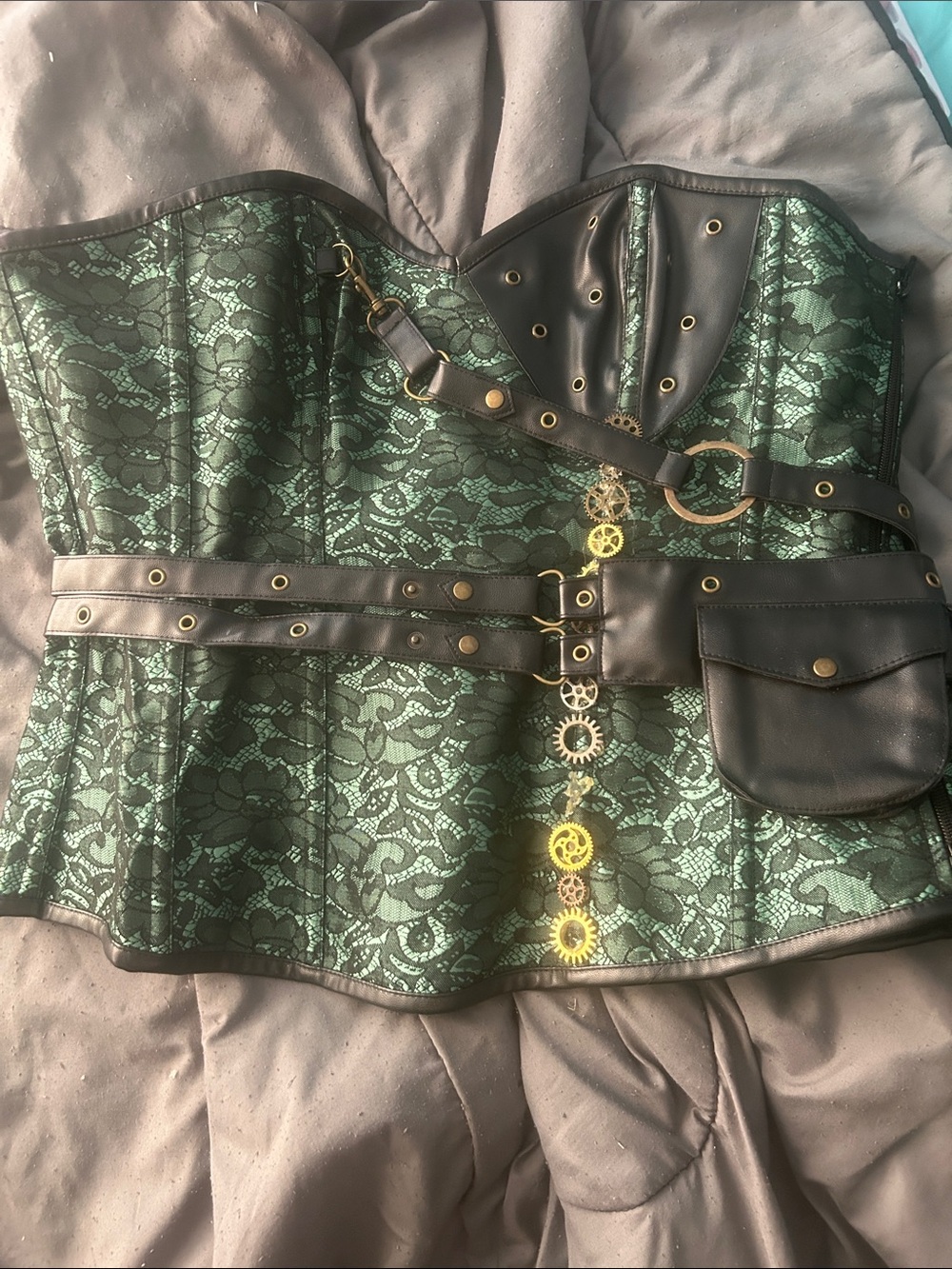 Green Lace Steampunk Corset with Black Trim and Gold Gear Accents